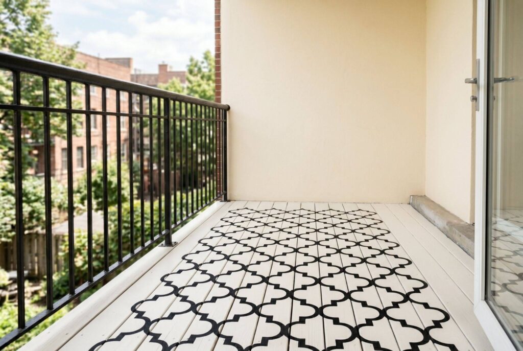 Black and white geometric balcony floor pattern with minimalist apartment balcony design. 