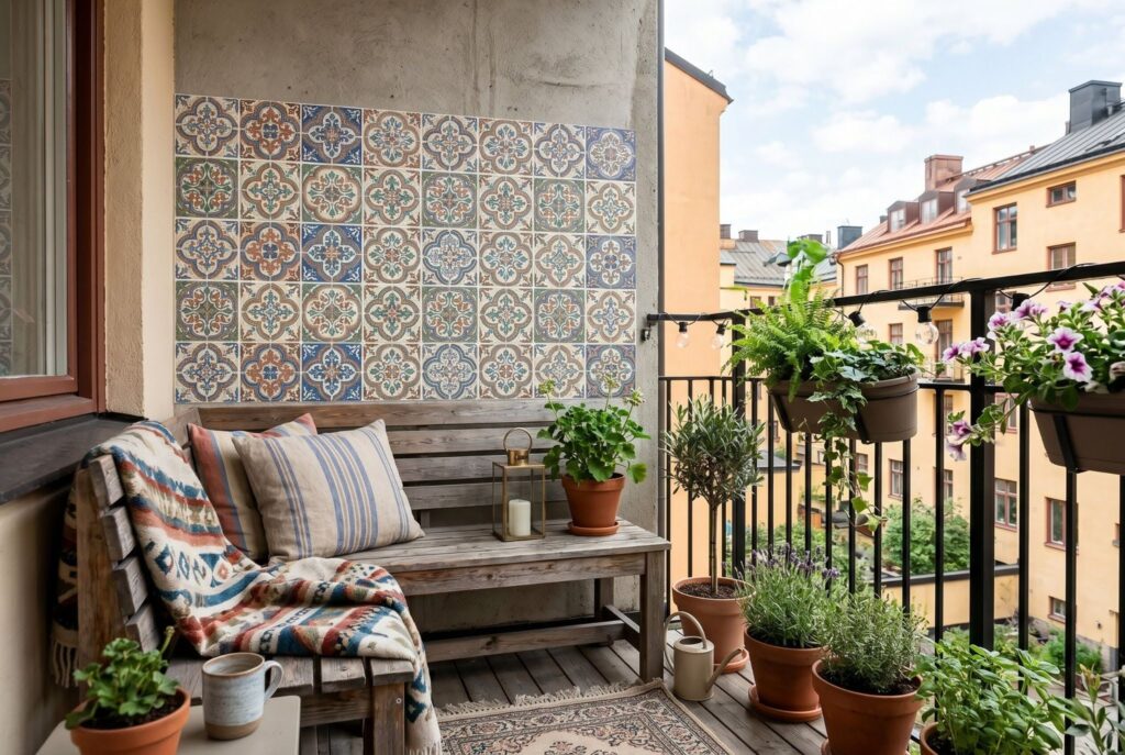 Peel and stick patterned wall decals behind balcony bench and potted plants. 