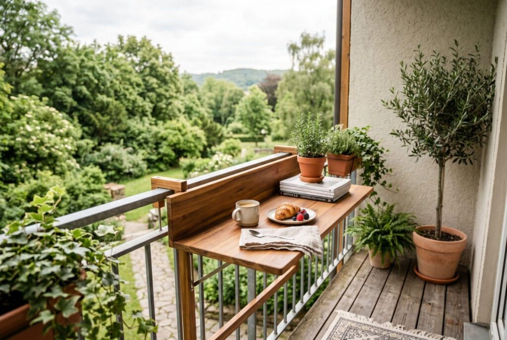 Railing bar table for small balcony with coffee setup and potted olive tree. 