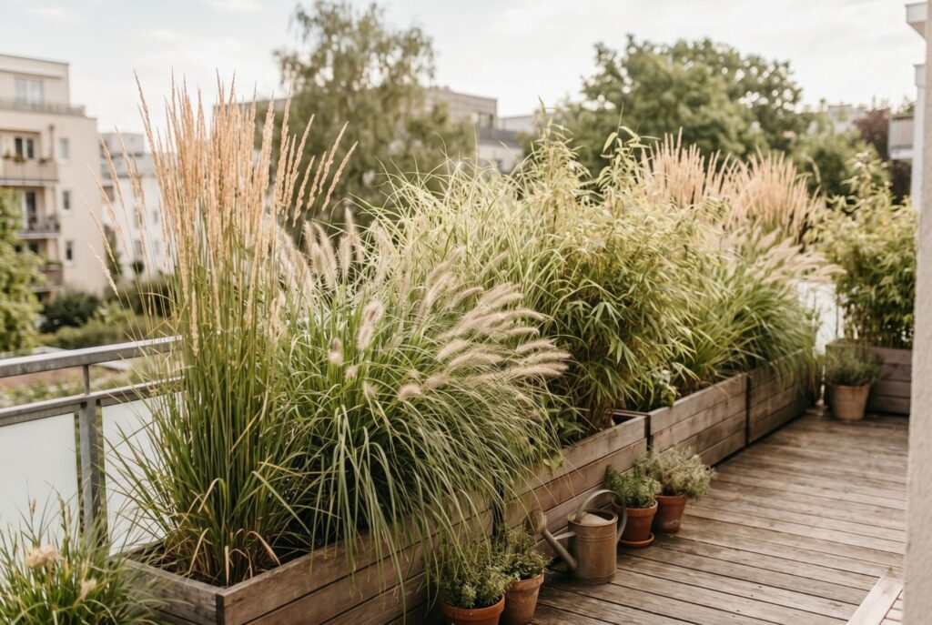 Tall ornamental grasses in rectangular planters creating balcony privacy wall. 