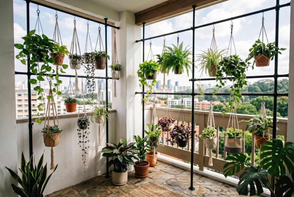 Tension rod plant display with hanging planters in renter friendly balcony garden. 