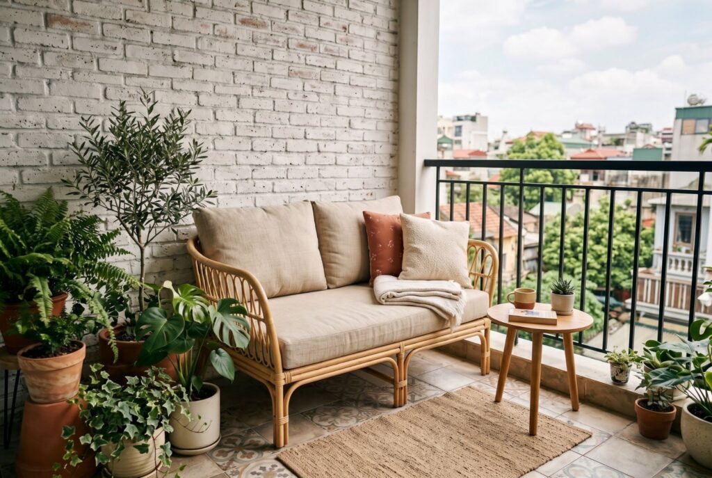 Compact rattan loveseat on apartment balcony with potted plants and city views. 