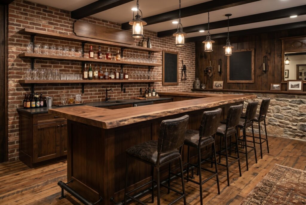 Rustic basement bar with brick walls, live edge wood counter, and leather bar stools.