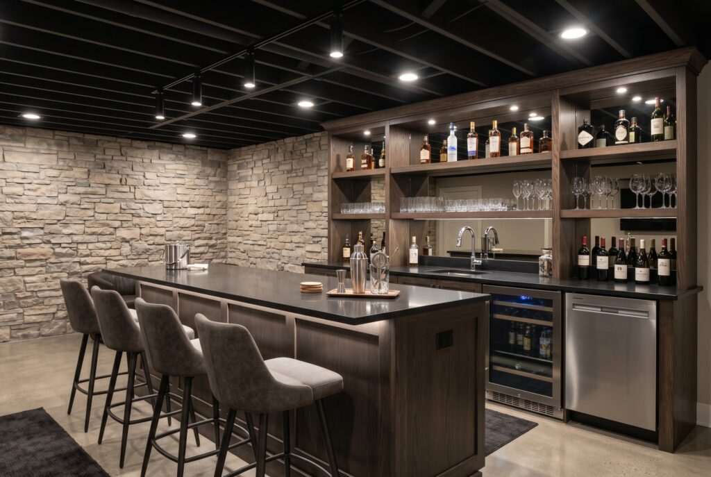 Large dry basement bar with stone accent wall, island seating, and beverage storage. 