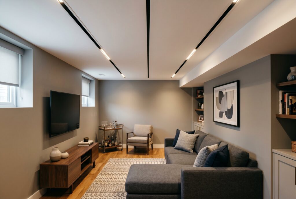 Infinity flush ceiling with concealed vents and recessed lighting in modern basement.