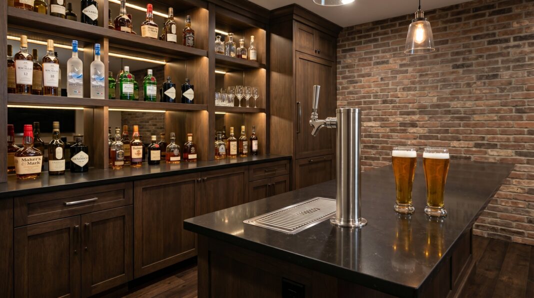 Luxury basement bar with brick backsplash, dark cabinetry, and beer tap island.