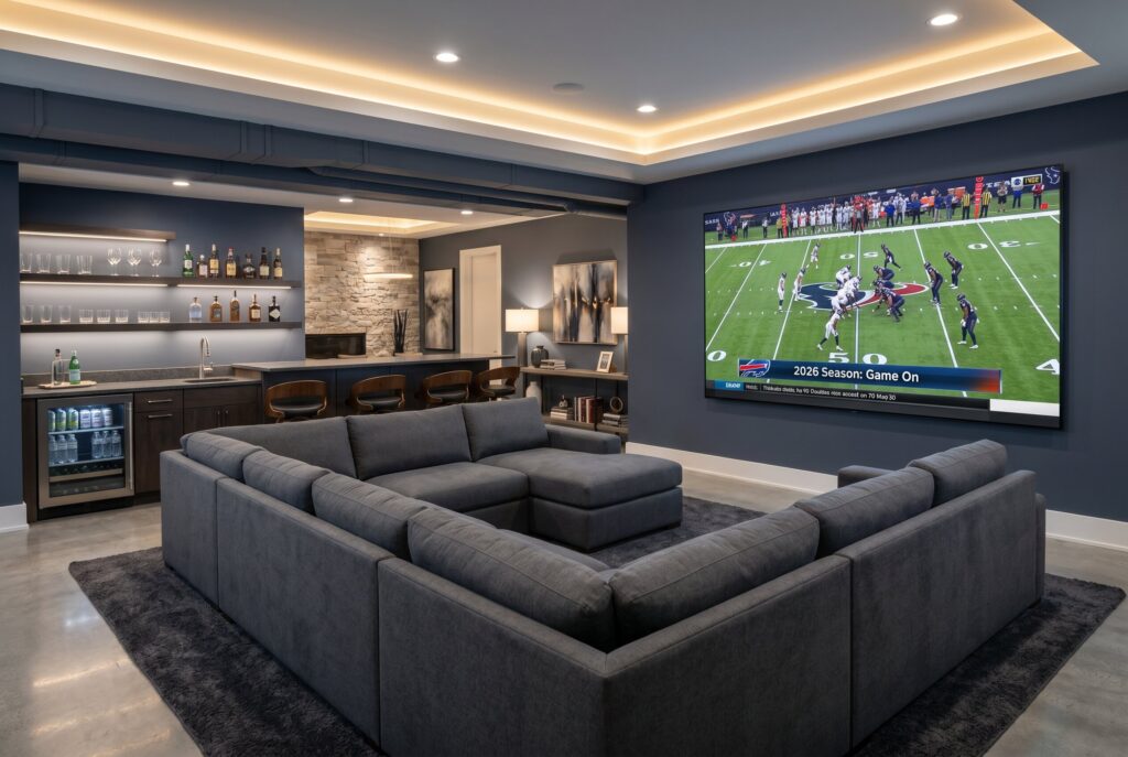 U shaped sectional facing media wall with integrated basement bar entertainment layout. 