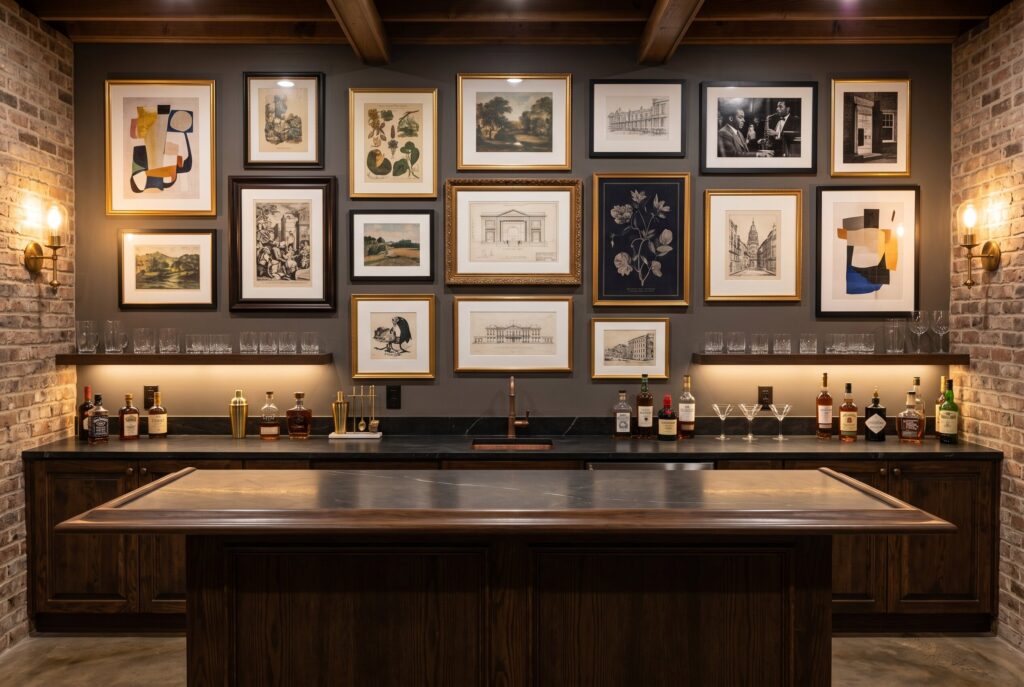 Curated gallery wall behind basement bar with layered framed artwork and brick walls. 