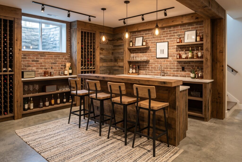 Rustic basement bar with wool rug, brick walls, and comfortable bar stool seating. 