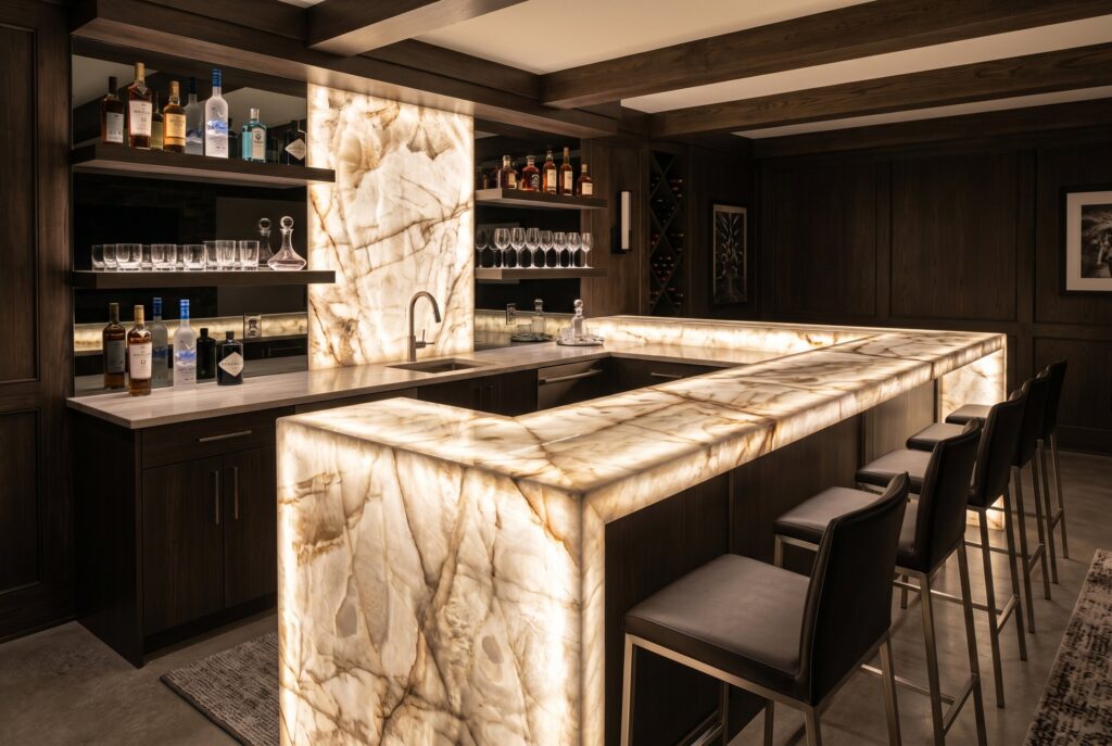 Backlit onyx countertop and backsplash creating dramatic illuminated basement bar design. 
