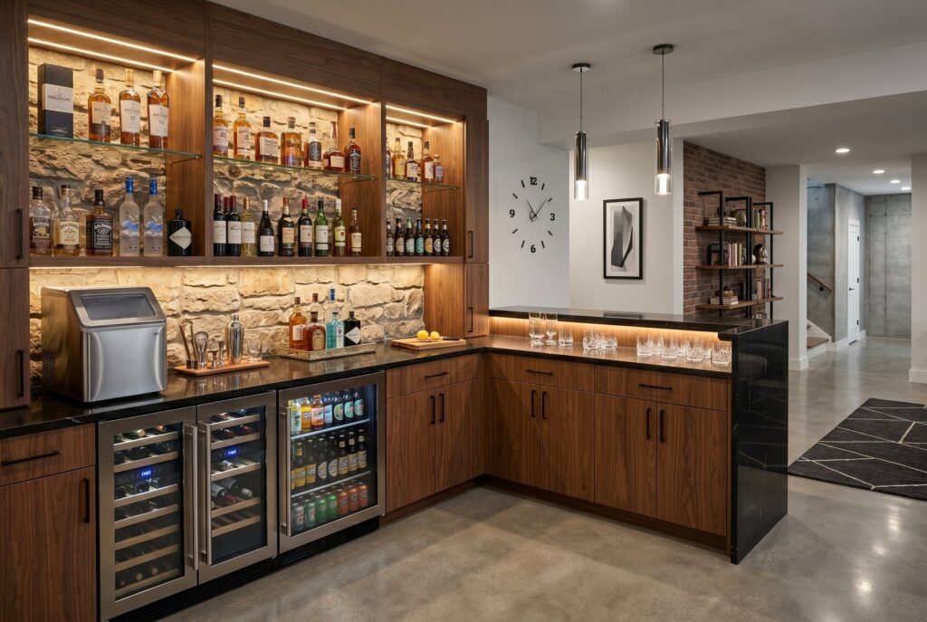 High end dry bar with illuminated shelving, wine coolers, and walnut cabinetry. 