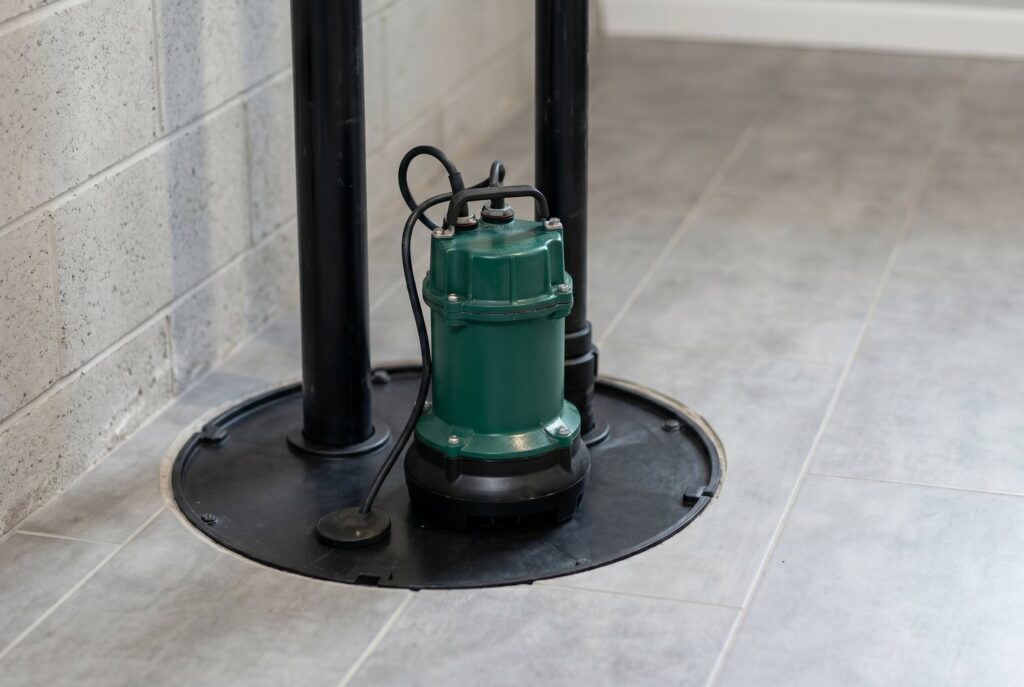 Sewage ejector pump installed in basement plumbing pit below floor level.