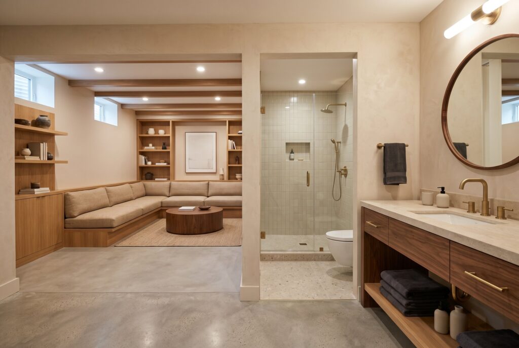 Dark color drenched basement bathroom with walnut vanity and warm ambient lighting.
