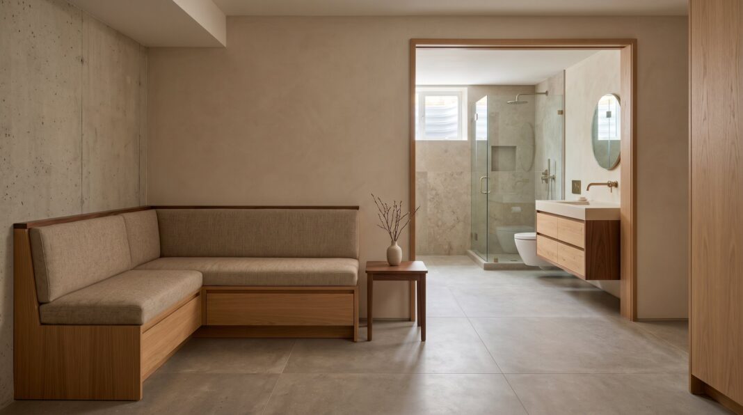 Organic modern basement bathroom with floating vanity, glass shower, and built in lounge seating.