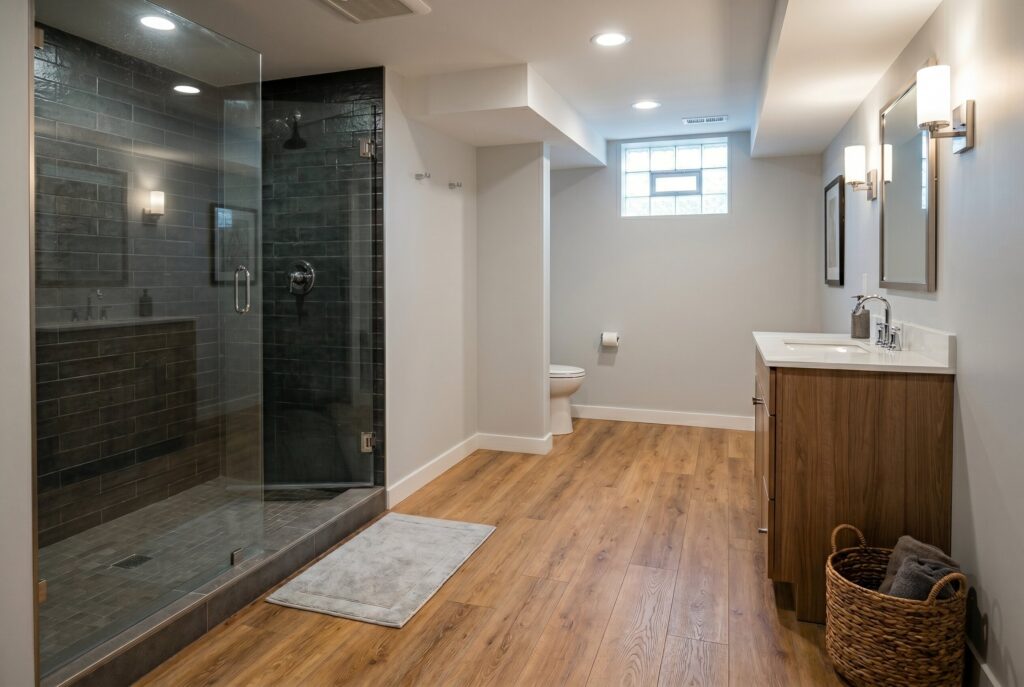 Basement bathroom with wood look flooring, glass shower, and floating vanity.