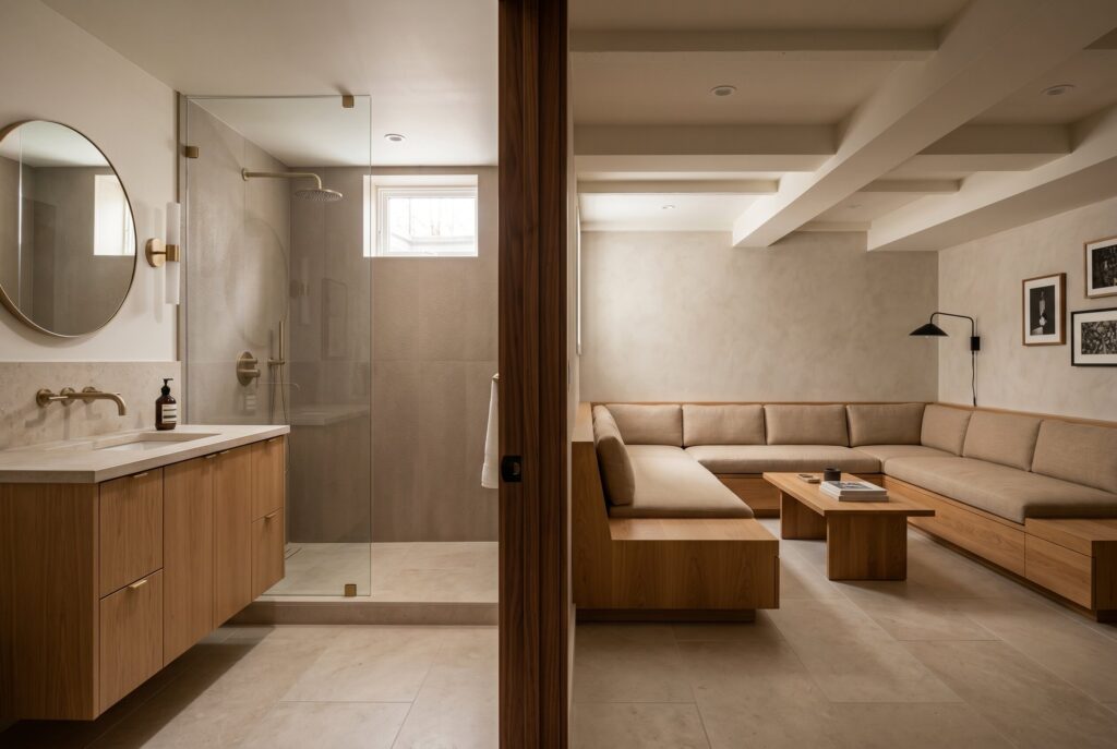 Seamless bathroom and lounge integration with floating vanity, shower, and built in seating.