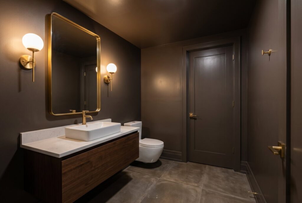 Moody charcoal basement bathroom with dark walls, brass fixtures, and round mirror.