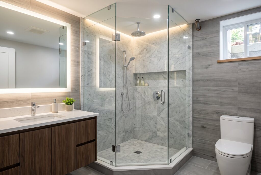 Corner shower basement bathroom with frameless glass enclosure and floating wood vanity.