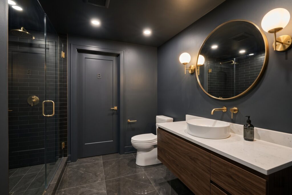 Color drenched basement bathroom with warm beige walls, floating vanity, and soft lighting.