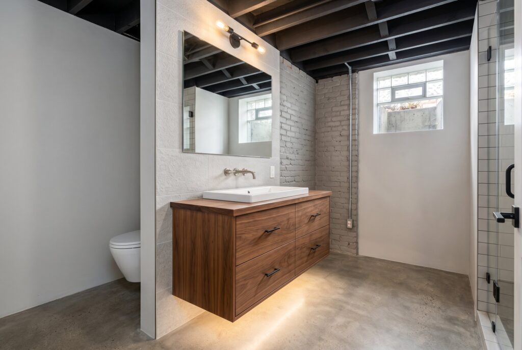 Floating walnut vanity with under cabinet lighting in modern basement bathroom.