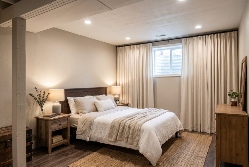 Wall to wall linen curtains creating the illusion of a larger basement bedroom window.
