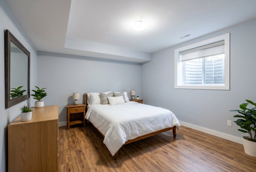 Basement bedroom with code compliant ceiling height, soft neutral palette, and minimalist furniture.