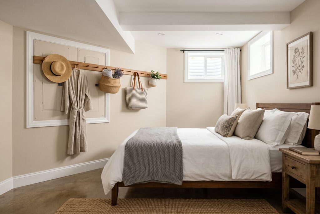 Peg rail wall decor concealing utility access while adding farmhouse character to bedroom.