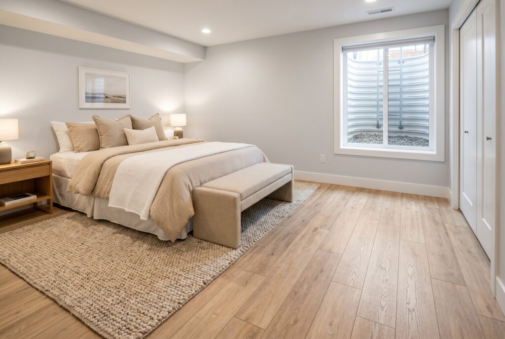 Waterproof LVP flooring in light oak finish with neutral basement bedroom furnishings.