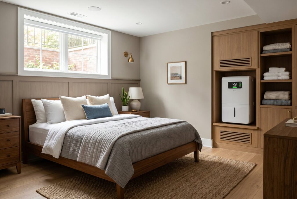 Basement bedroom with integrated dehumidifier, built in storage, and healthy indoor air quality.