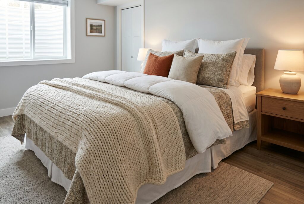 Thick layered bedding with knit throw, pillows, and cozy guest room styling.
