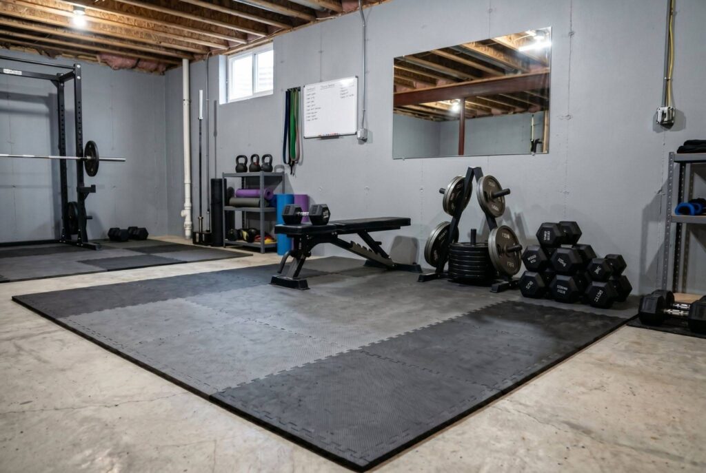 Interlocking foam gym flooring with weights, workout bench, and wall mirror.