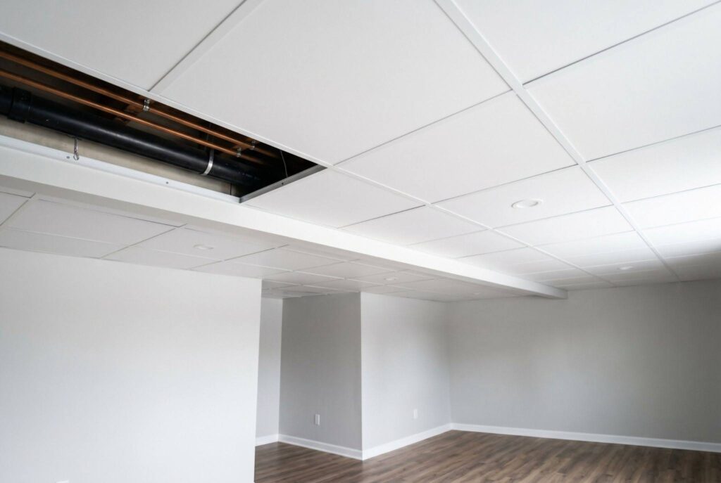 Modern PVC drop ceiling panels with accessible utility access and clean finished appearance.