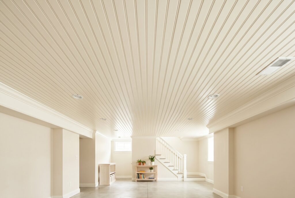 White beadboard basement ceiling with recessed lights and bright open family room.