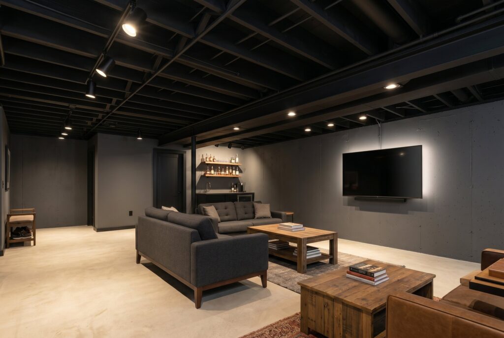 Dark basement lounge with black painted exposed ceiling, media wall, and sectional sofa.
