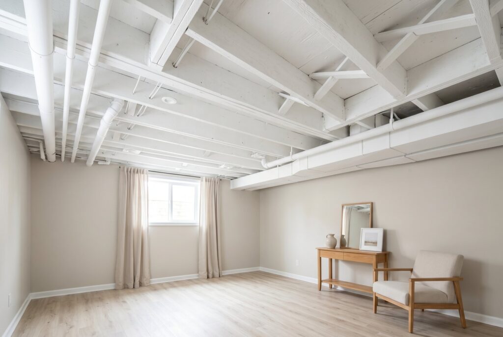 Bright white painted exposed beams and ductwork in airy basement living space.
