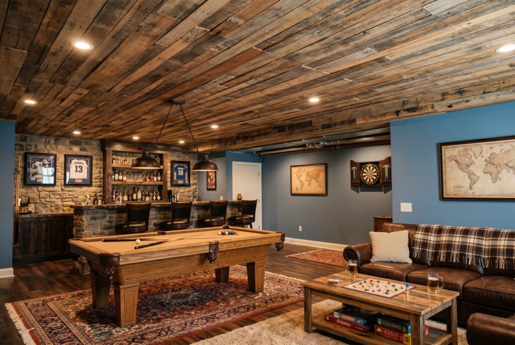 Rustic reclaimed wood ceiling with billiards table, bar area, and game room design.