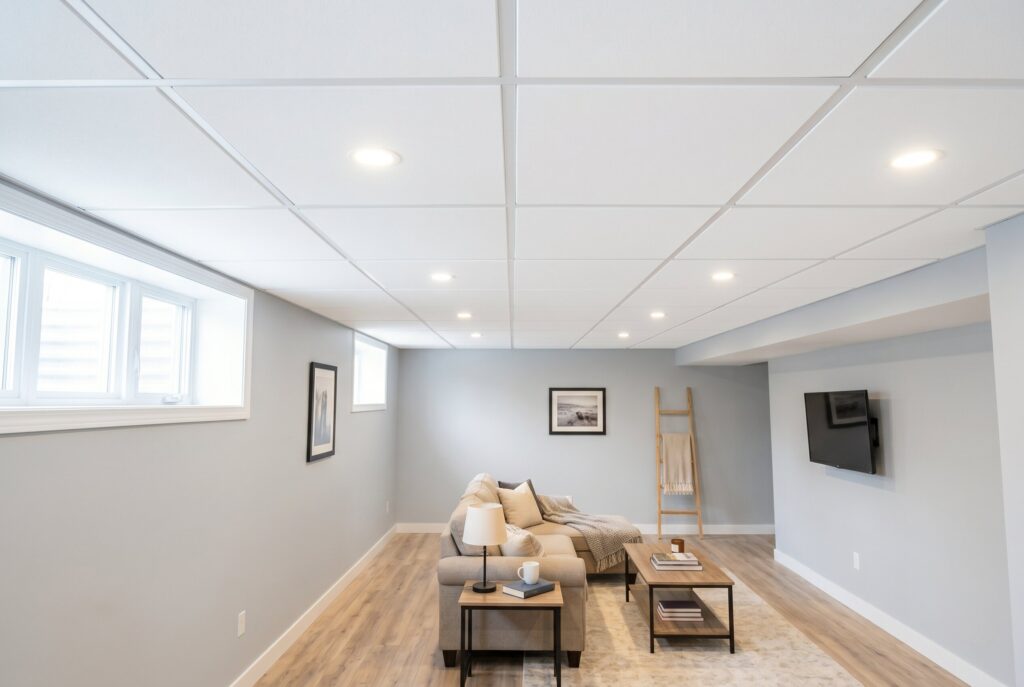 Finished basement with white drop ceiling panels, recessed lighting, and lounge seating.