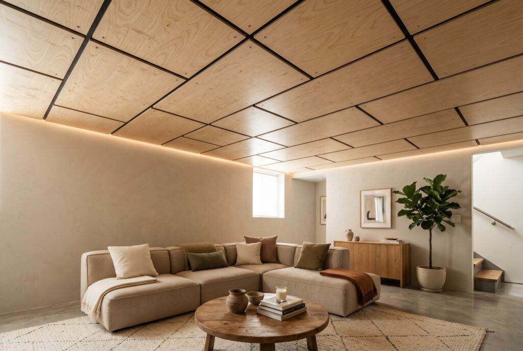 Plywood panel ceiling with recessed lighting above organic modern basement sectional.