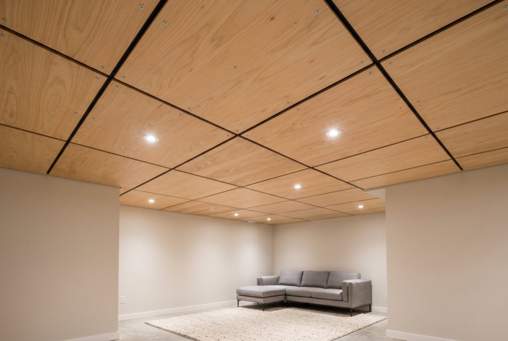 Plywood ceiling panels with shadow line grid pattern in modern basement lounge.