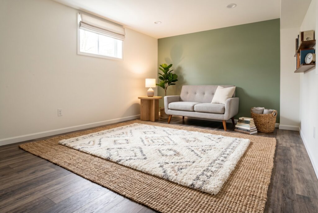 Layered jute and wool rugs defining seating area in finished basement lounge.