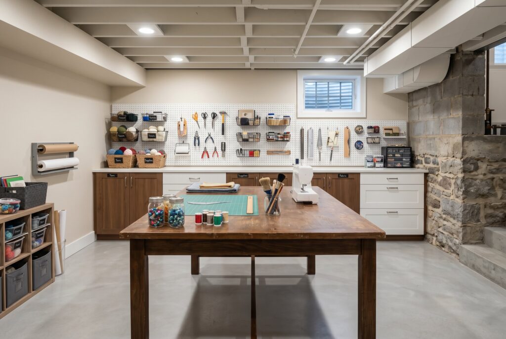 Craft studio with large worktable, pegboard storage, and durable basement flooring.