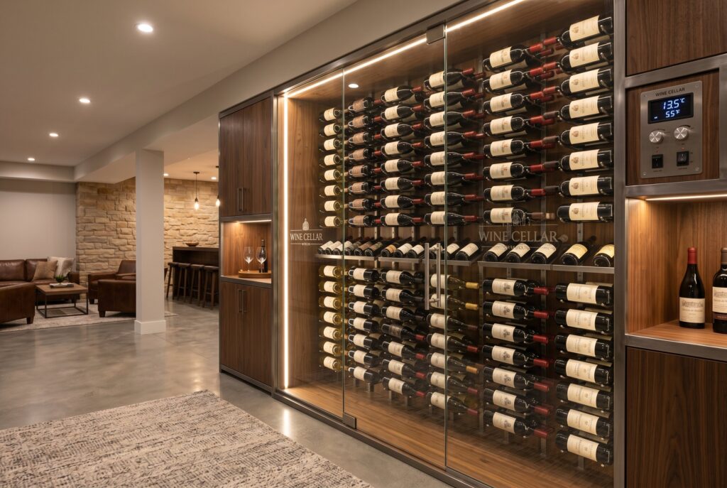 Glass front wine wall with temperature controlled storage and luxury basement design.