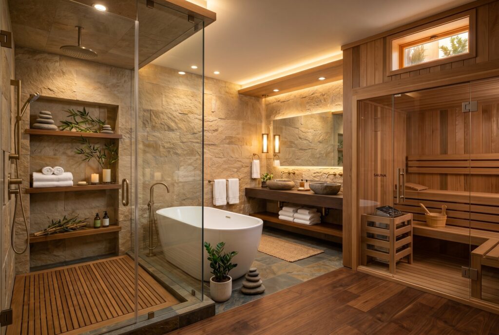 Zen spa basement bathroom with sauna, freestanding tub, and glass shower enclosure.