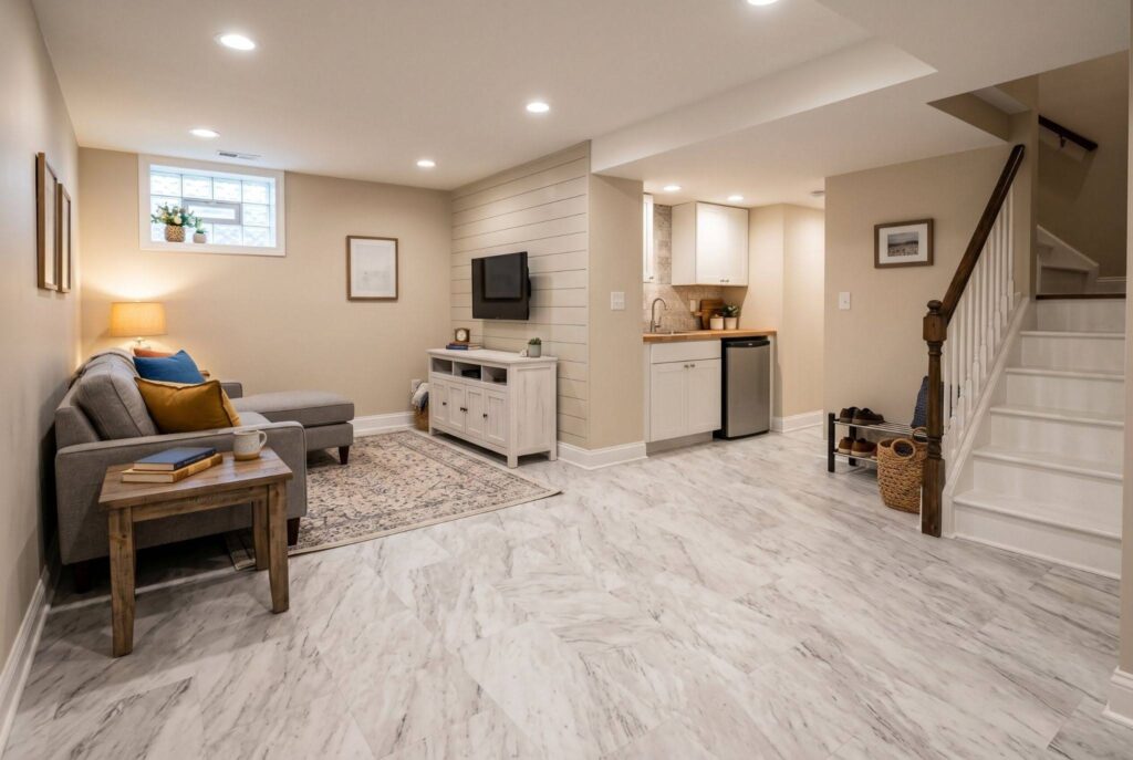 Finished basement with sheet vinyl flooring, compact lounge area, and staircase access.