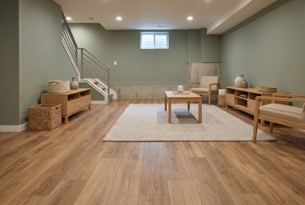 Luxury vinyl plank basement flooring with oak look finish, sage green walls, and modern furniture.