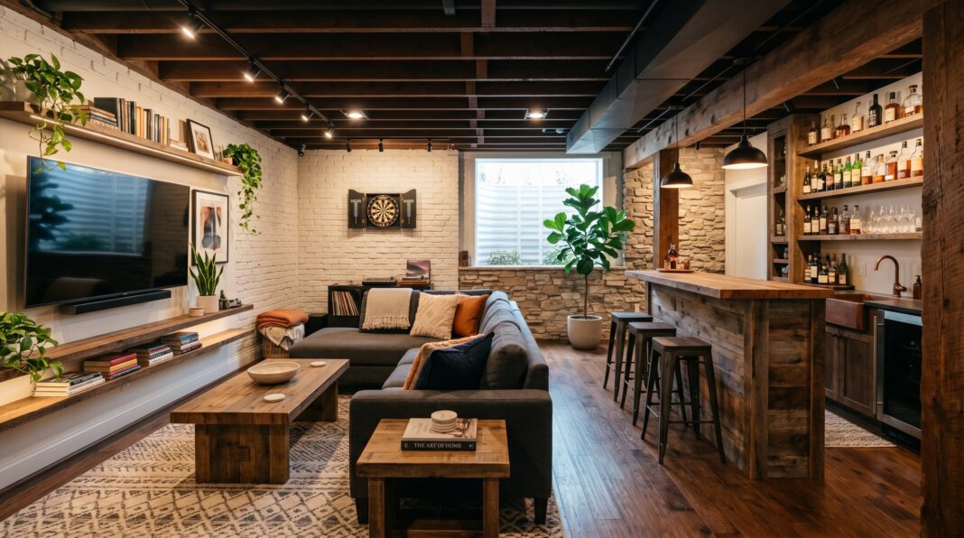 Finished basement lounge with wood look flooring, exposed beams, wet bar, and cozy seating area.