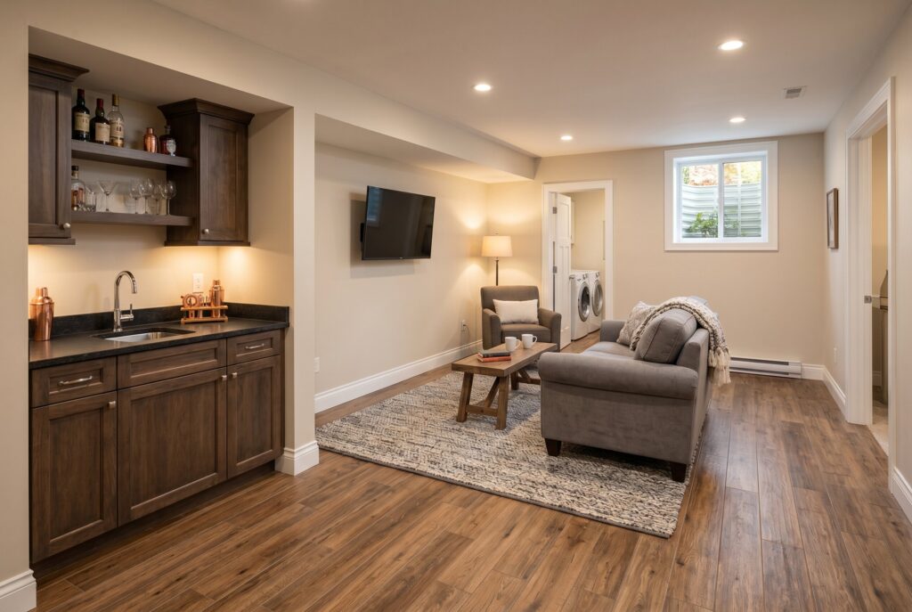 Basement family room with wood look porcelain tile flooring, wet bar, and laundry area.