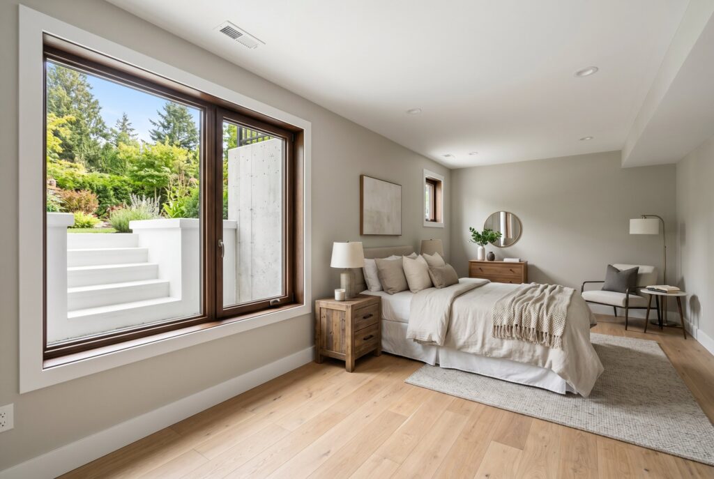 Legal basement bedroom with oversized egress window, natural light, and modern guest room design.