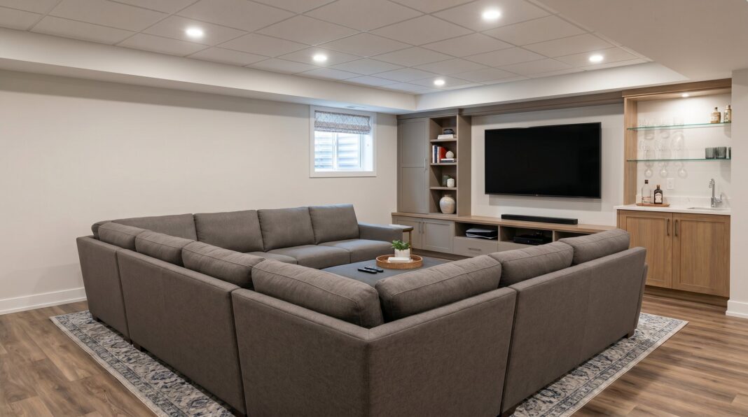 Finished basement with oversized U shaped sectional, media wall, and built in wet bar.