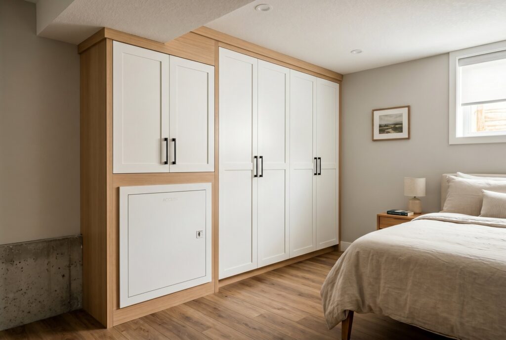 Custom closet concealing plumbing lines and utilities in finished basement bedroom.